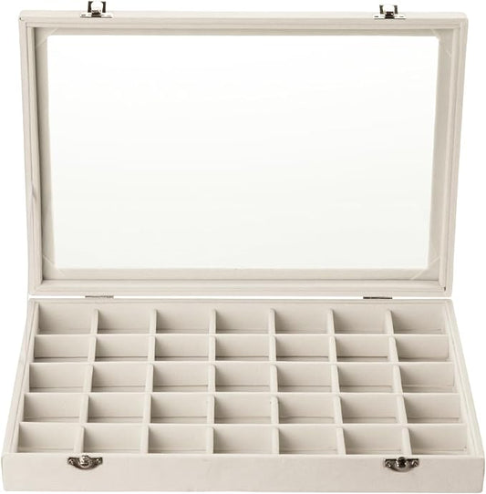 Frebeauty Velvet Jewelry Tray,35 Grid Jewelry Organizer with Clear Lid,Earring Holder Organizer Case with Clasp,Drawer Insert for Rings Studs,13.8 x 9.5 x 2 Inches,Gift for Women Girls(Beige)
