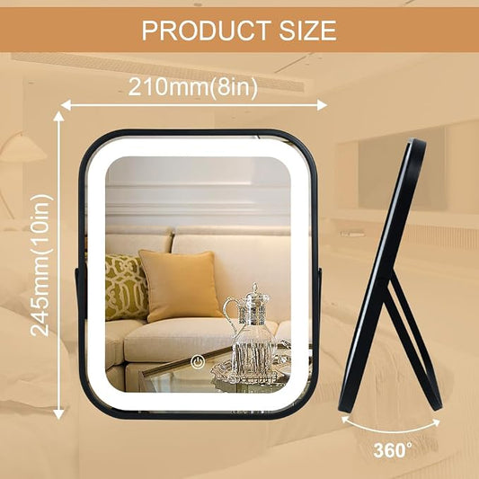 YEKKOPT Lighted Vanity Mirror, Rechargeable Travel Makeup Mirror with Lights, 10''x8'' Desk Mirror with Lights,Make up Mirror with Lighting for Makeup Desk & Dressing Room
