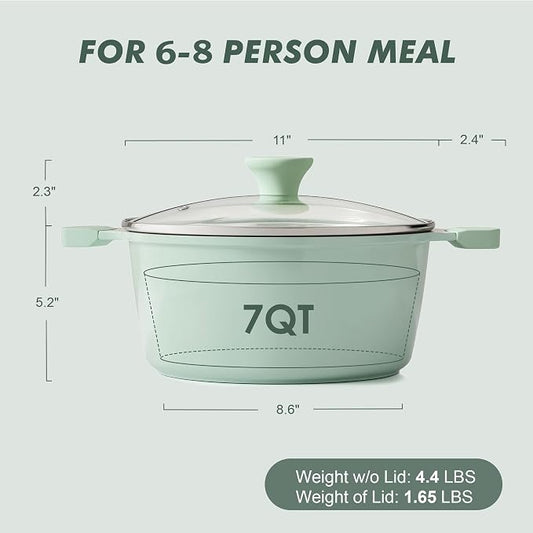 SENSARTE Ceramic Nonstick Stock Pot with Lid, 7 Quart Induction Cooking Pot with Tempered Glass Lid, Stew Pot for Soup and Oatmeal, Pasta Casserole, PFOA PFAS PTFE Free, Green