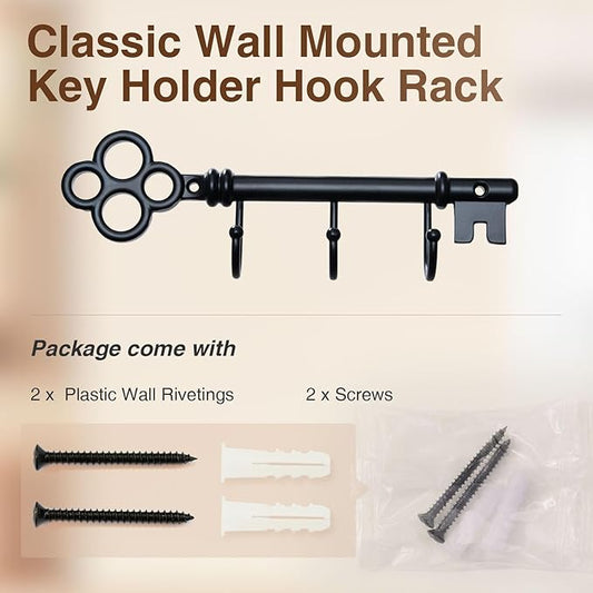 Classic Wall Mounted Key Holder Hook Rack, Vintage Key Rack for Entryway (Black)