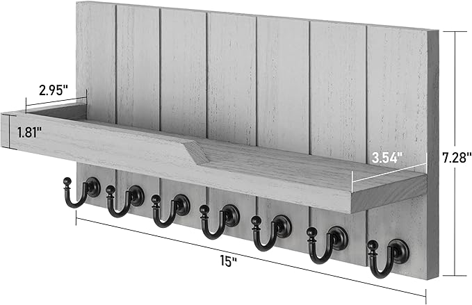 Rebee Vision Decorative Key and Mail Holder for Wall - Farmhouse 15 Inches Floating Shelf with 7 Sturdy Key Hooks for Home Entryway Wall Decor - Rustic Key Racks (Gray,15-inch)