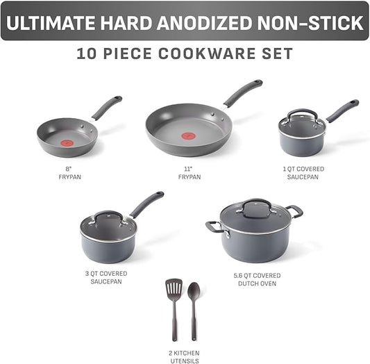 T-Fal Ultimate Hard Anodized Nonstick 10 Piece Cookware Set, Oven Safe Up to 400°F, Dishwasher Safe, Pots and Pans Set, Includes Frying Pans, Saucepan, Stockpot, Cooking Utensils, Grey