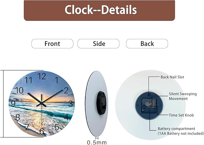 Blue Coastal Wall Clocks Battery Operated 16 Inch Glass Wall Clock Silent Beach Round Large Wall Clock for Living Room