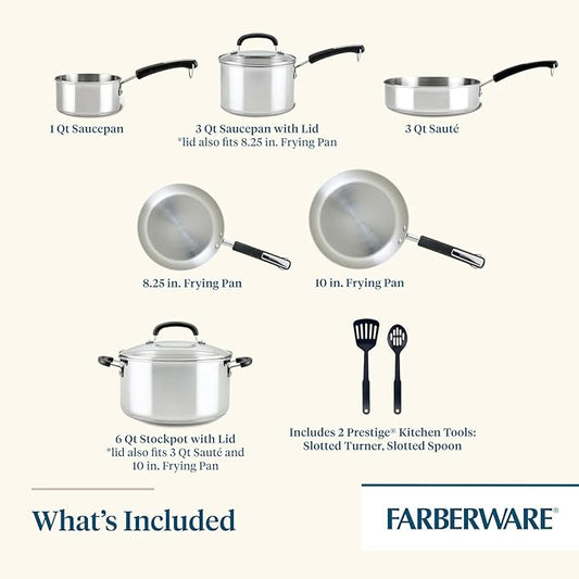Farberware Brilliance Stainless Steel Cookware Set, 10 Piece Pots and Pans Set