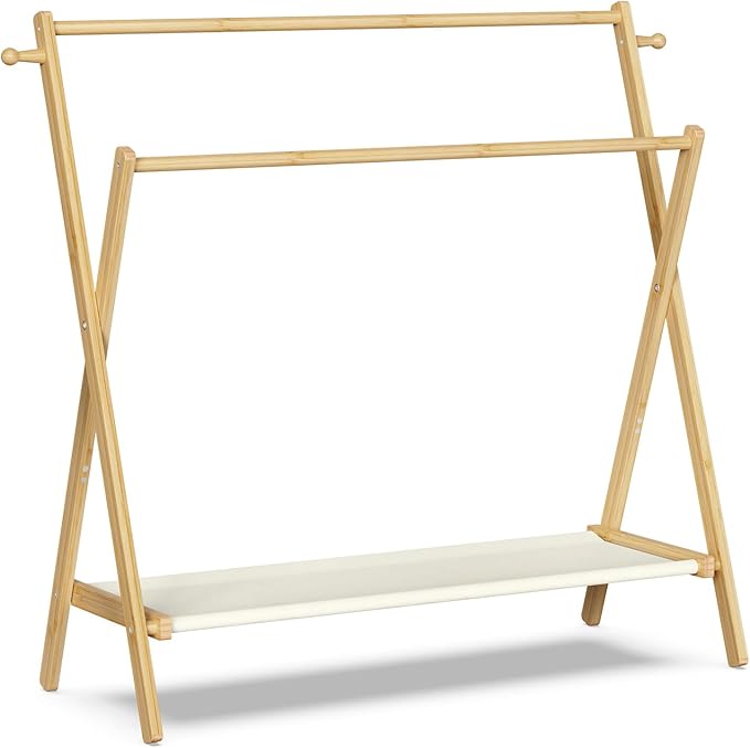 Kids Clothing Rack With Storage Shelf & Double Rods, Foldable Dress Up Clothes Rack for Toddler Nursery, Child's Room, 100% Natural Bamboo (Large Size)
