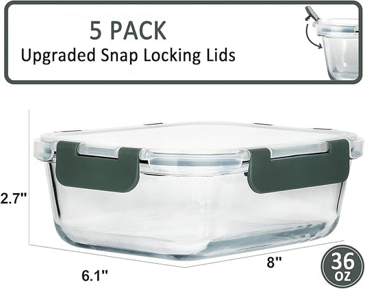 M MCIRCO [5-Packs, 36 Oz Glass Meal Prep Containers with Snap Locking Lids Glass Food Containers,Airtight Lunch Container,Microwave, Oven, Freezer and Dishwasher (4.5 Cup)