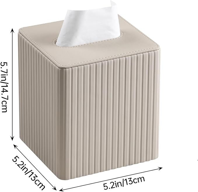 MEIBOOCH PU Leather Tissue Box Cover Square Tissue Box Holder with Magnetic Closure (Beige Stripe)