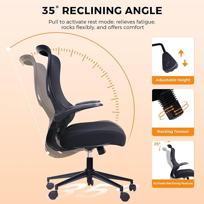 NearHub EC10 Stylish Ergonomic High Back Mesh Reclining Office Chair with Adjustable Flip-Up Armrests,Lumbar Support & Headrest,Breathable & Comfortable Computer Chair for Home, Office & Study