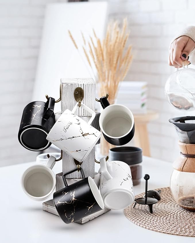 PUERSI Coffee Mug Holder for Counter, Rustic Solid Wood Mug Tree, Farmhouse Wooden Coffee Cup Rack with 8 Hooks (Farmhouse White)