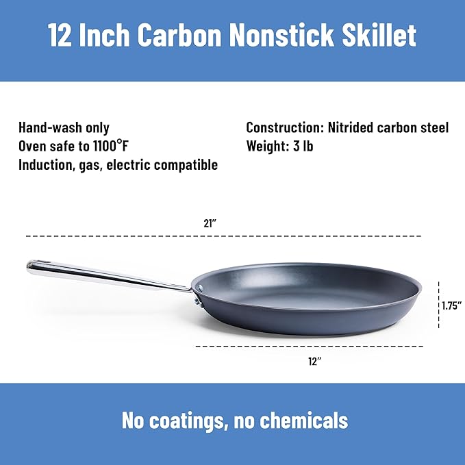 Misen Carbon Nonstick™ Frying Pan – Carbon Steel Pan, Naturally Nonstick No-Coating Surface, Ultra-Durable & Oven-Safe, Induction & Gas Compatible - 12 Inch