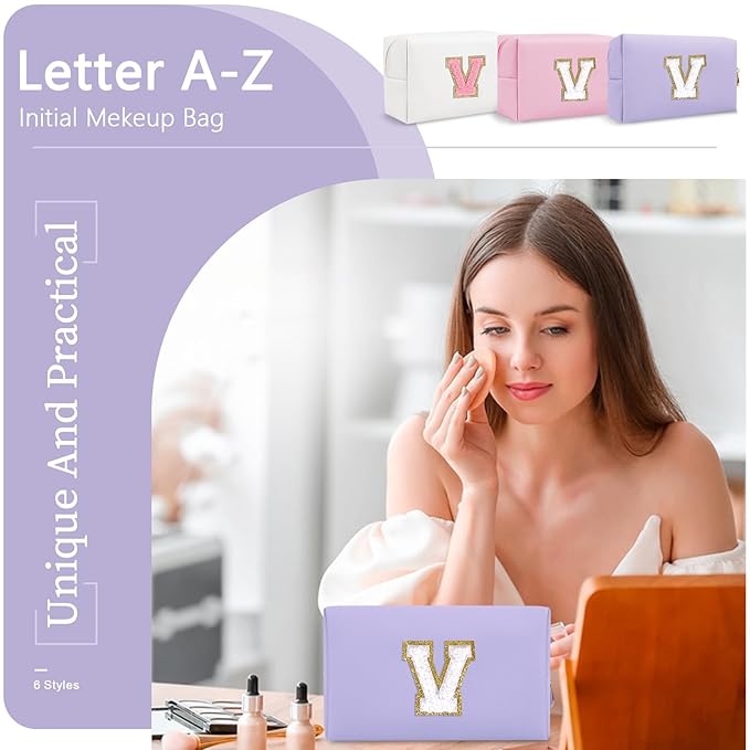 Personalized Makeup Bag Initial A-Z Preppy Patch Bag,Small PU Leather Travel Cosmetic Bag Pouch with Zipper,Purple Cute Toiletry Bag,Gift Ideal for Teen Girls Women Birthday Friend Mom,Latter V