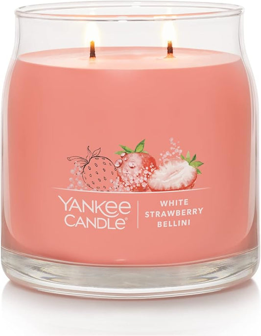 Yankee Candle White Strawberry Bellini Scented, Signature 13oz Medium Jar 2-Wick Candle, Over 35 Hours of Burn Time