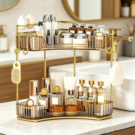 2-Tier Corner Bathroom Counter Organizer,Makeup & Skincare Shelf with Built-in Brush Holder,Space-Saving Bathroom Countertop Organizer for Skincare, Perfume, Cosmetics(Amber)