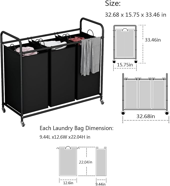 LINZINAR 3-Bag Laundry Basket, Black Laundry Hamper, Laundry Sorter Cart Laundry Room Organization with Heavy Duty Rolling Lockable Wheels and Removable Bags (135 L, 35.6 Gal)