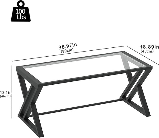 Wolawu Coffee Table Black Glass Coffee Table for Living Room,Modern Rectangular Center Table with Sturdy Metal Frame,Tempered Glass Table Tea Tables for Bedroom Home Office