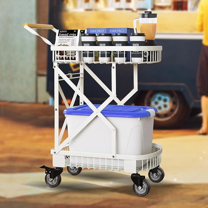 LeleCAT 2-Tier Storage Cart with Wheels, Heavy Duty Folding Rolling Cart,110lbs Capacity Easy Assembly Grocery Cart for Kitchen & Shopping - Collapsible Space-Saving Utility Cart Effortless Carry