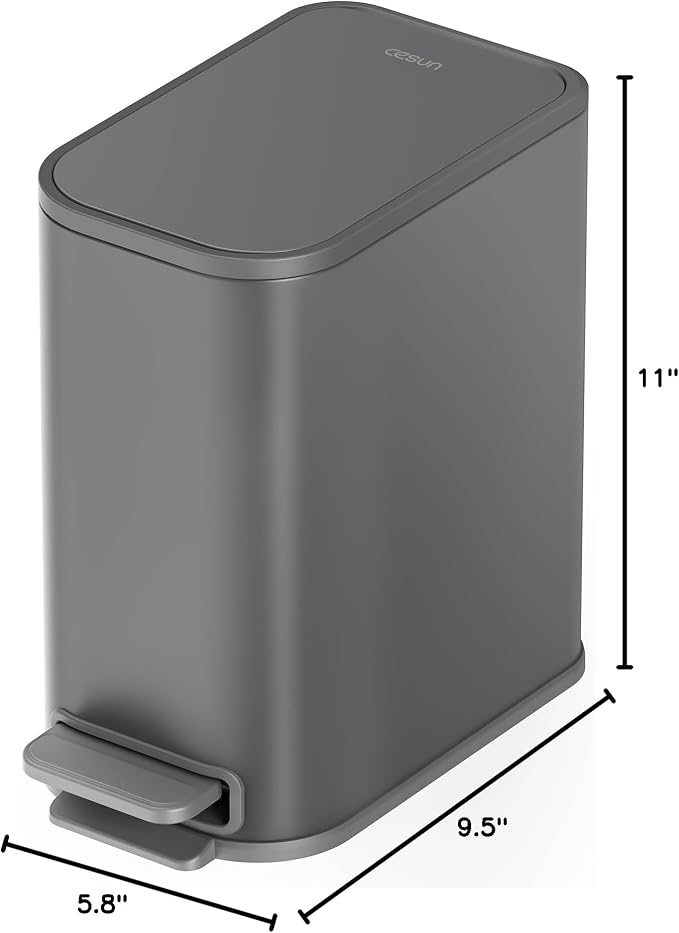 Cesun Small Bathroom Trash Can with Lid Soft Close, Step Pedal, 5 Liter / 1.3 Gallon Stainless Steel Garbage Can with Removable Inner Bucket, Waste Basket for Bathroom, Bedroom (Gray)