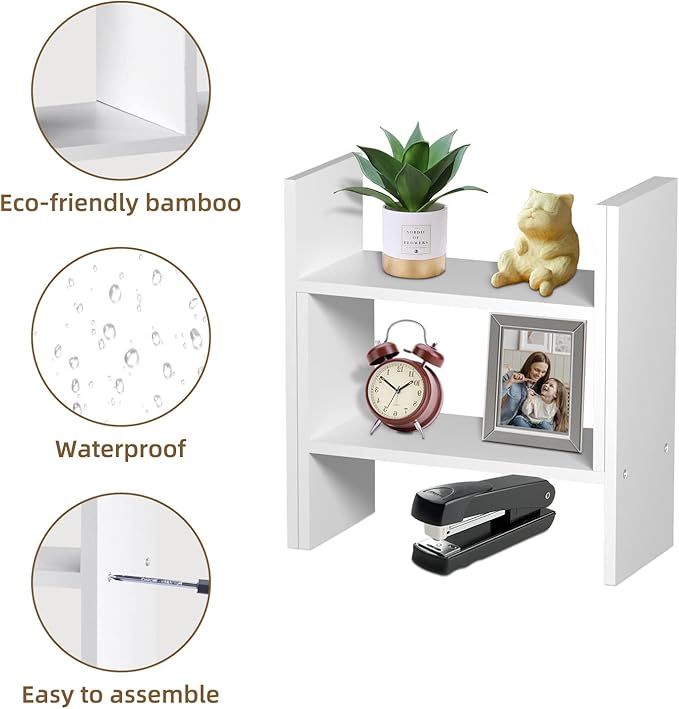 TY ARTS & CULTURE - Expandable Wood Desktop Storage Organizer Multipurpose Desk Bookshelf Display Shelf Rack Counter Top Bookcase for Office Home | White
