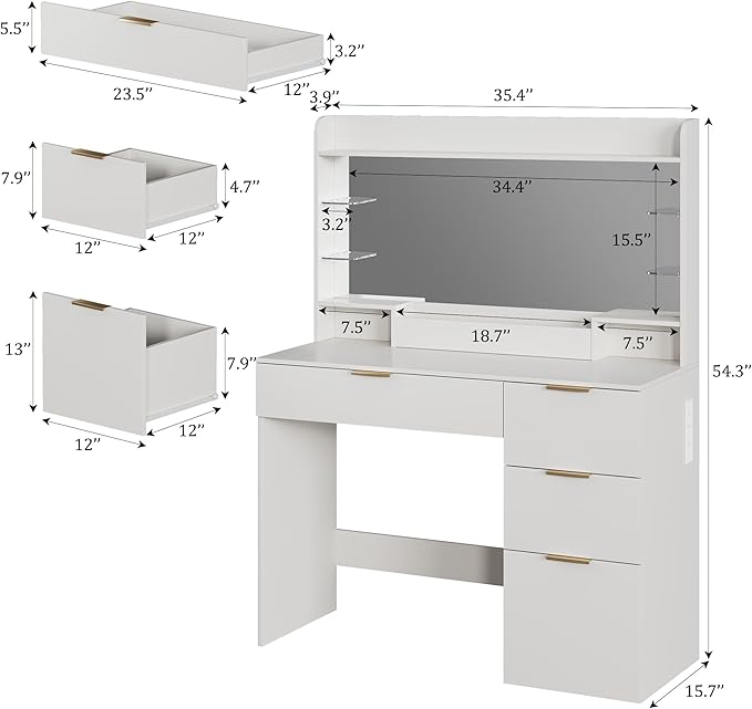 Vanity Desk with Mirror and Lights, Makeup Vanity with Lights, 3 Color Lighting Modes, Vanity Desk with Large Mirror & 4 Storage Drawers & Acrylic Shelves for Bedroom, White