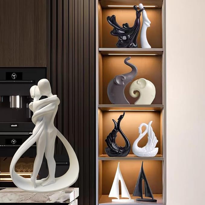 Couple Sculptures for Home Decor, Anniversary Statue Gifts, Hugging Couple Figurines, Modern Romantic Sculptures for Living Room, Bedroom, Office Decor (White)