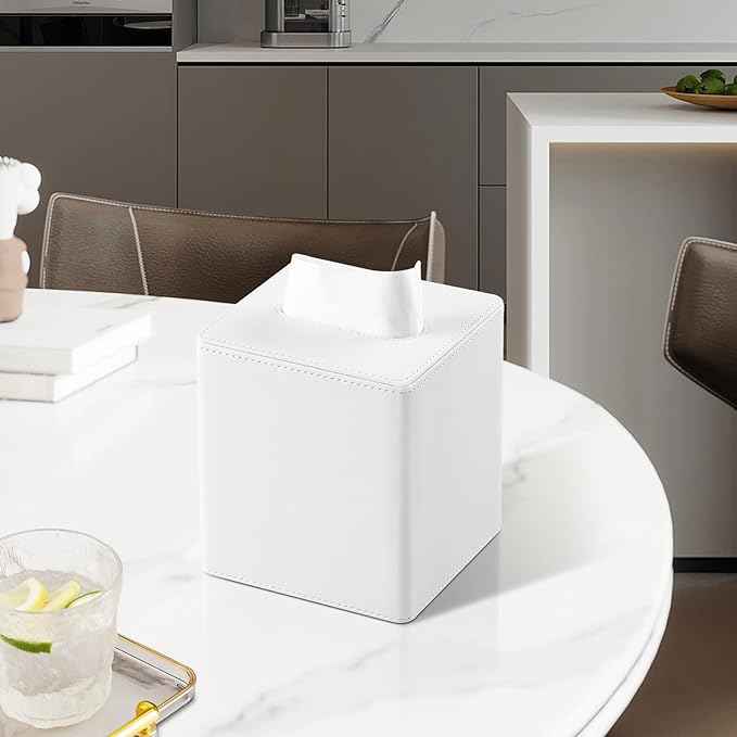 MEIBOOCH PU Leather Tissue Box Cover Square Tissue Box Holder with Magnetic Closure (White)
