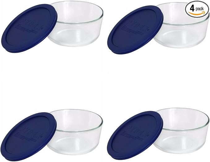 Pyrex 7203 7-Cup Glass Food Storage Containers with Blue BPA-Free Lids, Durable & Microwave-Safe Glass, Perfect for Meal Prep & Leftover Storage, (4-Pack) - Made in the USA