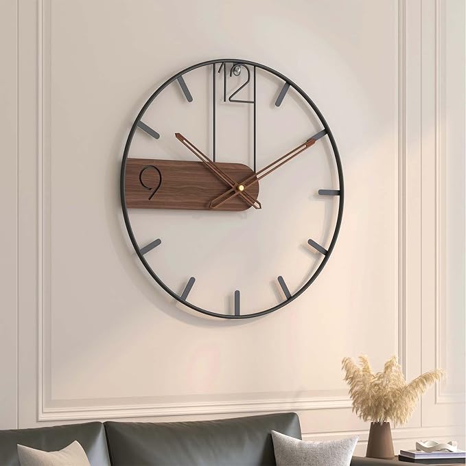Cuspin Modern Large Wall Clock 24 Inch, Wood Metal Frame Silent Non Ticking Battery Operated Wall Clocks Decoration for Living Room, Bedroom, Kitchen, Minimalist Walnut Dial Arabic Numerals