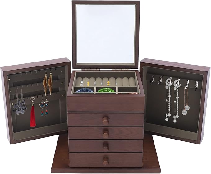 Wooden Jewelry Box for Women, 5-Layer Wooden Jewelry Organizer Boxes with 4 Drawers, Vintage Solild Wood Storage CaseJewelries, Watches, Necklace, Ring (Dark Brown)