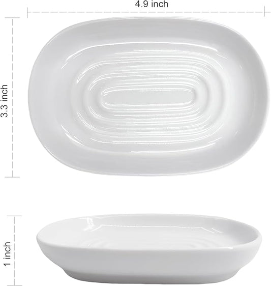 Ceramic Marble Pattern Soap Dish, Textured Raised Soap Saver Tray for Shower Bathroom Kitchen Sink Vanity, Easy to Clean Multi-Use Holder for Bar Soap Jewelry Rings Keys, White (2 Pack)