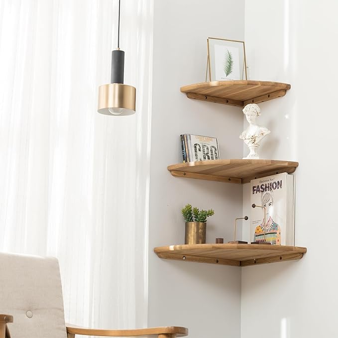 Conamily Corner Shelf, 7inch Solid Oak Wood Floating Corner Shelf Wall Mount Round End Floating Speaker Shelves with Wire Hole for Small Plant Photo Frame for Bedroom Kitchen, Living Room | Wire Hole, Small Plant, Photo Frame, Bedroom, Kitchen, Living ...