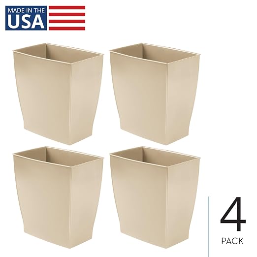 iDesign Small Plastic Bathroom Trash Can, Slim Rectangle Garbage Bin for Bedroom, Office, Dorm, 4-Pack, Brown