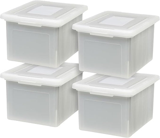 IRIS USA File Box, Plastic File Organizer with Lids for Letter/Legal File, Portable Document Box For Moving, Storage Bin with Durable and Secure Lid, Stackable Nestable BPA-Free, Pearl 35 Qt. 8 Pack