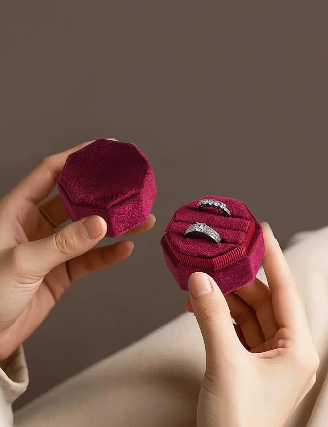 Velvet Ring Box, 3 Slots Wedding Ring Box, Vintage Octagon Premium Jewelry Display Holder Gift Box with Detachable Lid for Engagement Wedding Box Keepsake Box Bridal Photo