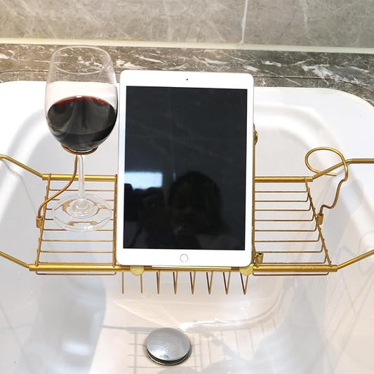 BDL Bathtub Caddy Expandable Bath Tub Tray Table with Wine Holder, Free Soap Dish and Laptop Reading Rack, Bathtub Tray for Home(Bronze)