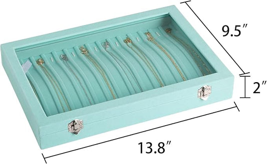 Frebeauty 15 Hooks Necklace Tray Velvet Neckalce Organizer with Clear Lid Lockable Necklace Holder Box Jewelry Organizer for Pendants Chains Necklace Jeweley Tray for Women Girls(Turquoise)