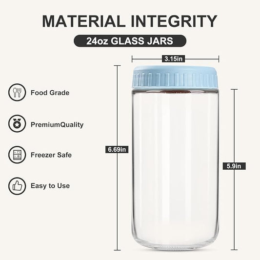 SHOWIN Overnight Oats Containers with Lids, 24oz Glass Jars with Lids 8 pcs, Light Blue, Wide Mouth Mason jars for Salad, Yogurt, Snacks, Meal Prep