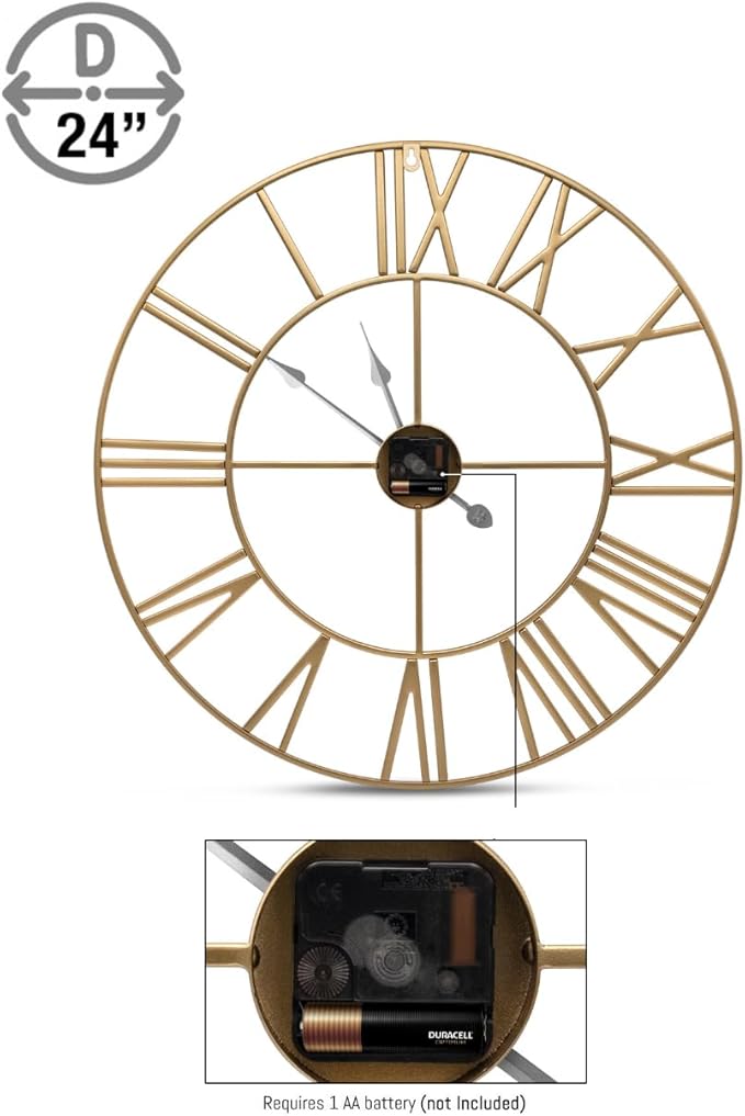 Sorbus Large Wall Clock for Living Room Decor - 24 inch Big Wall Clock Decorative - Battery Operated - Roman Numeral Analog Large Clock for Bedroom, Room, Home, Kitchen, Office, Wall Decor (Gold)
