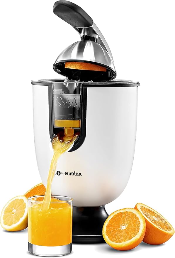 Eurolux Premium Electric Orange Juicer | Stainless Steel Citrus Squeezer With New Ultra-Powerful Motor and Soft Grip Handle for Effortless Juicing, Auto Shutoff, Dishwasher-safe Parts, Pulp Control