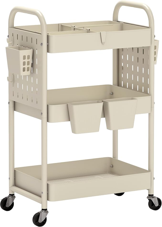 danpinera 3 Tier Rolling Cart with Retractable Dividers, Multi-Functional White Rolling Utility Cart with Pegboards, Hooks & Hanging Cups for Nursery, Living Room, Studio