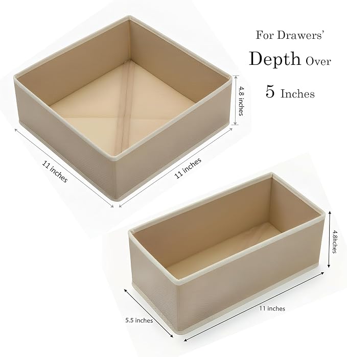 Drawer Organizer Set 6 Pack - Foldable 11" Fabric Storage Bins with Zipper Bottom for Underwear Socks Bras Baby Clothes - Closet Dresser Dividers for Bedroom Nursery, Light Grey