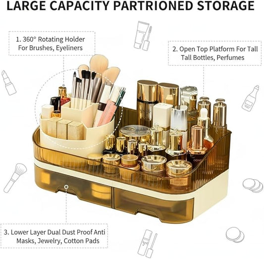 Makeup Organizer Countertop with Dual Drawers, Large Capacity Cosmetic Storage for Vanity Bathroom Skincare, 360° Rotating Makeup Brush Holder