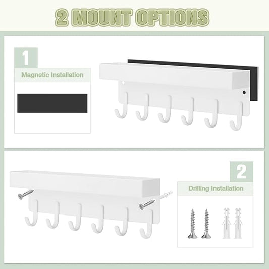 VIS'V Magnetic Key Holder Wall Mount, Compact Metal Key Rack with Tray, 6 Hooks, 2 Mount Options, White