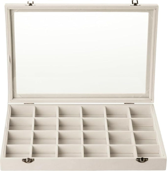Frebeauty Velvet Jewelry Tray,24 Grid Jewelry Organizer with Clear Lid,Earring Holder Organizer with Clasp,Drawer Insert Rings Pendants Brooches,13.8 x 9.5 x 2 Inches,Gift for Women Girls(Beige)