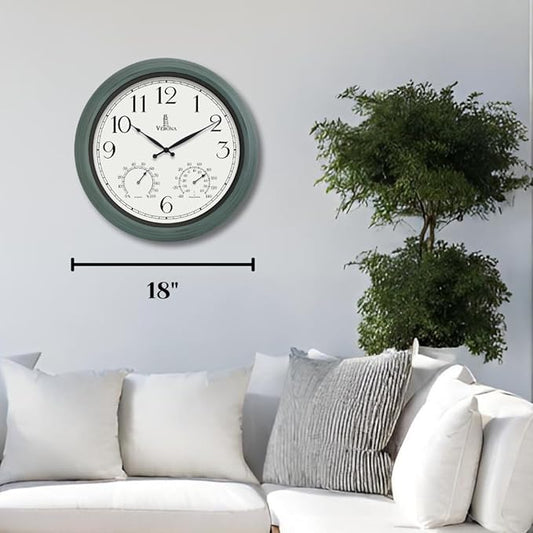 18 inch Outdoor Clocks for Patio Large Waterproof with Thermometer - Teal Blue Outdoor Clock with Temperature and Humidity for Wall - Weatherproof, Accurate & Easy to Read for Pool, Patio & Garden
