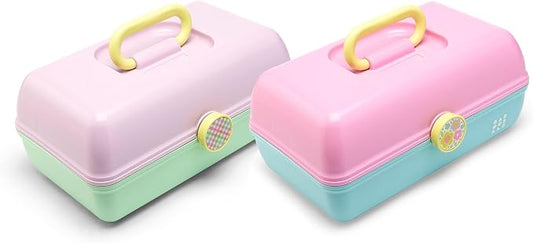 Caboodles On-The-Go Girl Makeup Storage Box 2-Pack, Two-Tone Pink/Light Blue and Lavender/Light Green, Hard Plastic Makeup Organizer Box, Built-In Mirror, Secure Latch for Safe Travel