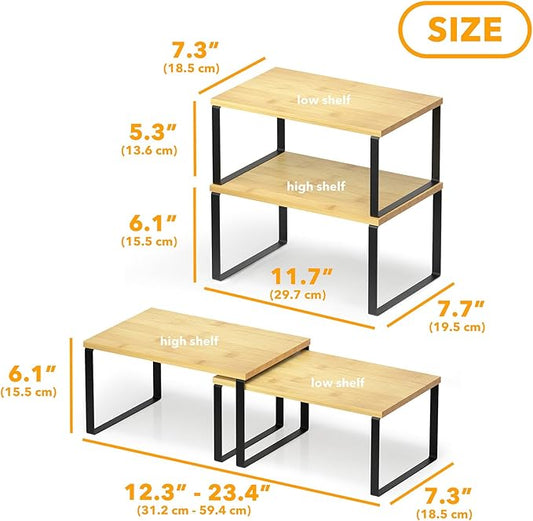 SpaceAid Cabinet Shelf Organizers 2 Pack, Kitchen Counter Rack Shelves Riser, Stackable Expandable Spice Rack, Pantry Cupboard Storage Organization (Black and Natural, Short)