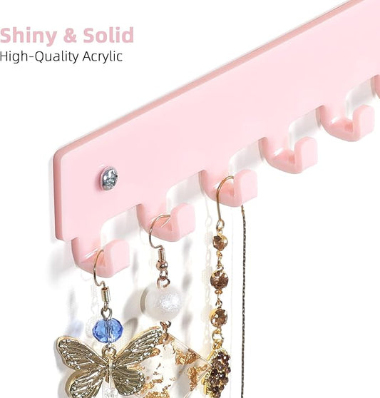 Acrylic Necklace Holder 2 Pack Wall Mounted Necklace Organizer Hanging Jewelry Organizer with 12 Hooks for Necklaces, Bracelets, Rings and Bangles Display Pink