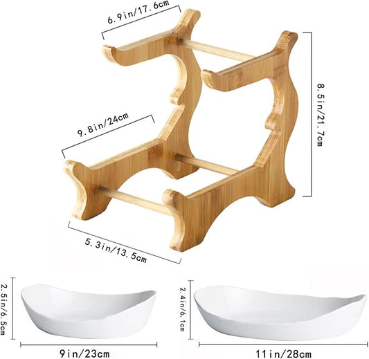 Liywall - 2 Tier Ceramic Fruit Bowl With Bamboo Wood Stand for Kitchen Counter,Porcelain Fruit Basket for Vegetable Storage,Snack Dessert Cake Tray Plate Rack for Party Wedding - White