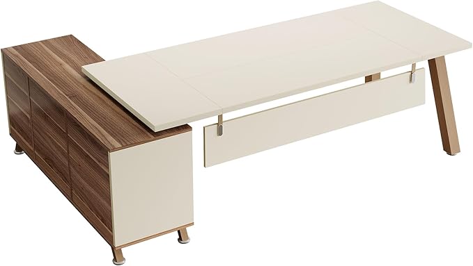Tribesigns 78.7" L-Shaped Executive Desk, Modern Office Desk with File Drawers & Storage Shelves, Large Computer Desk with 55-Inch Cabinet, Business Workstation for Home Office, White & Walnut