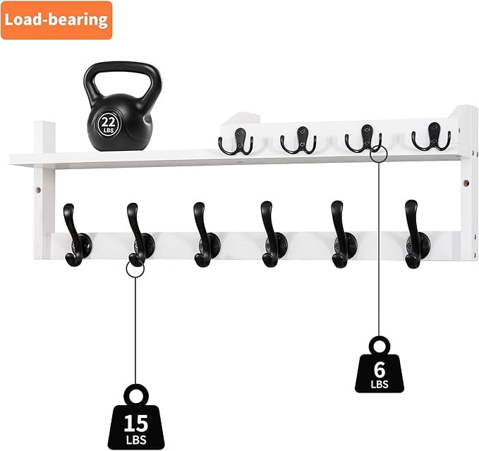 Coat Rack Wall Mount with Shelf, 27.5" Entryway Wall Hanging Shelf, Coat and Key Hanger with 10 Dual Hooks, Mail Organizer and Key Holder Hat Rack for Wall, Wood Coat Hooks with Storage